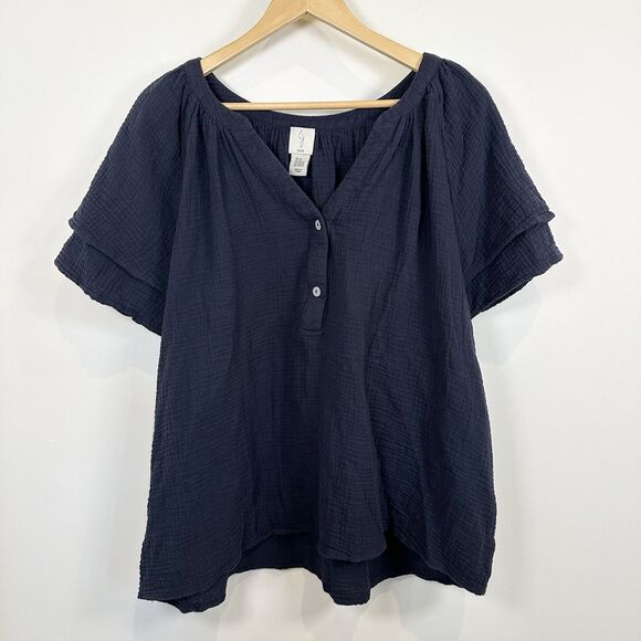 Joie Top Womens 1X Navy Gauze Cotton Blouse Short Sleeve Textured Button Boho - Picture 1 of 10